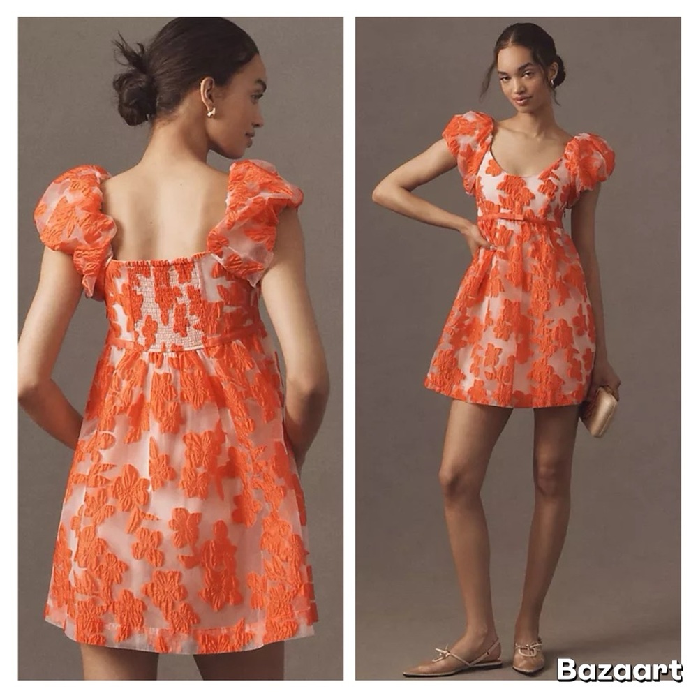 NWT By Anthropologie Puff-Sleeve Scoop-Neck Babydoll Mini Dress Sz L - Picture 13 of 14